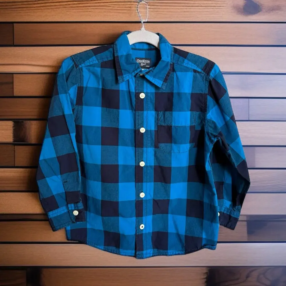 OshKosh Boys Shirt Sz 5T 5 Blue‎ Black Check Button Up Long Sleeve Cotton